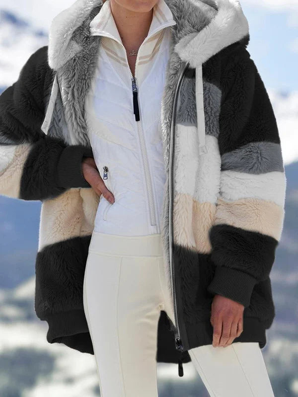 Women's Coat | Multicolor Hooded Cashmere | Zip Closure & Pockets