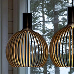 Pendant Light | Scandinavian Open Wood-Slat Frame | Metal Accents