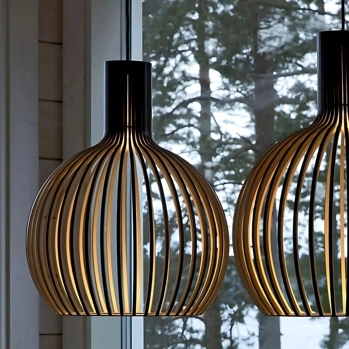 Pendant Light | Scandinavian Open Wood-Slat Frame | Metal Accents