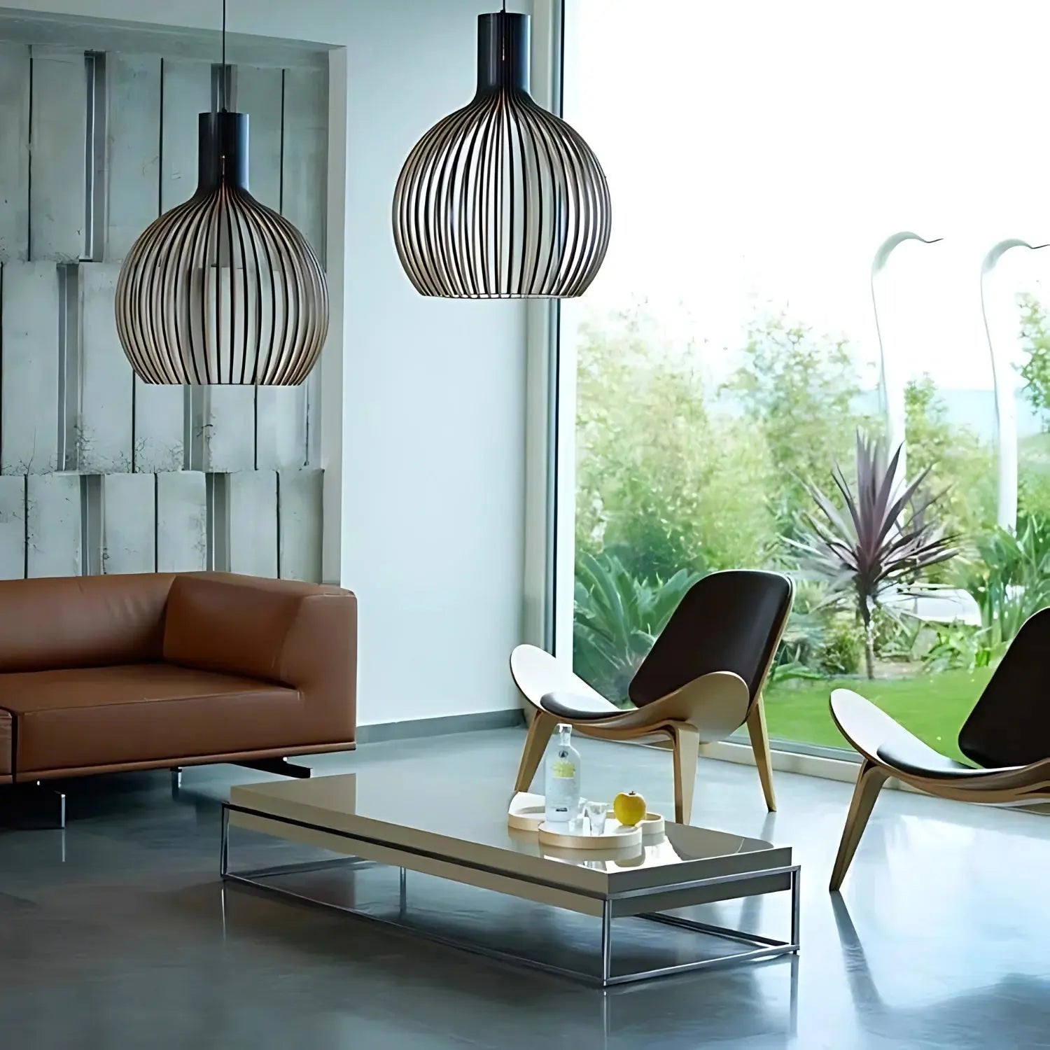 Pendant Light | Scandinavian Open Wood-Slat Frame | Metal Accents