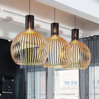Pendant Light | Scandinavian Open Wood-Slat Frame | Metal Accents