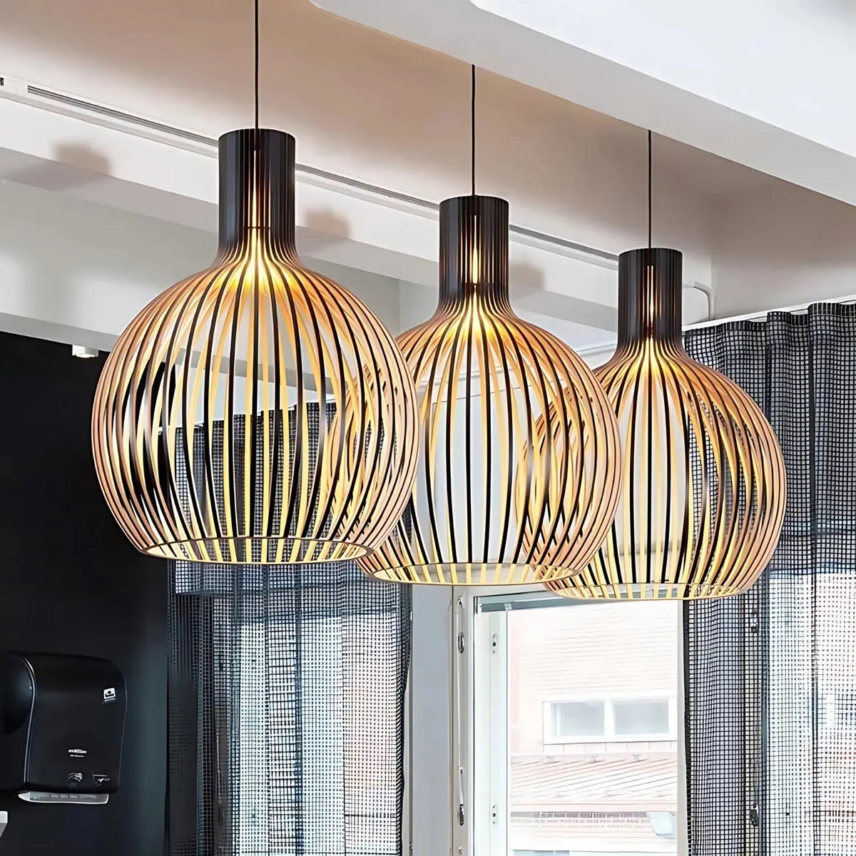 Pendant Light | Scandinavian Open Wood-Slat Frame | Metal Accents