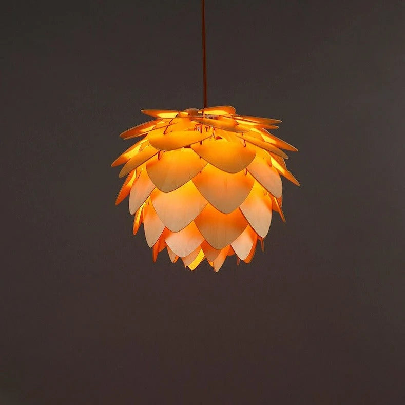 Pendant Lamp | Carved Pinecone Pine Wood Shade | Adjustable Cord