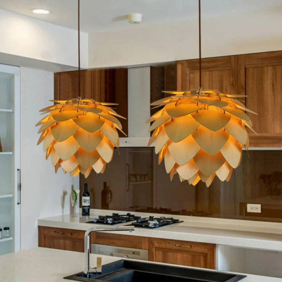 Pendant Lamp | Carved Pinecone Pine Wood Shade | Adjustable Cord