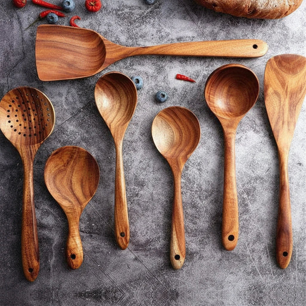 Wooden Cooking Utensils Set | Natural Hardwood & Food-Grade Finish | 7-Piece