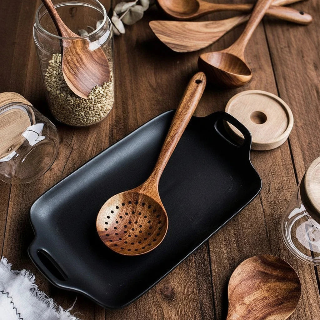 Wooden Cooking Utensils Set | Natural Hardwood & Food-Grade Finish | 7-Piece