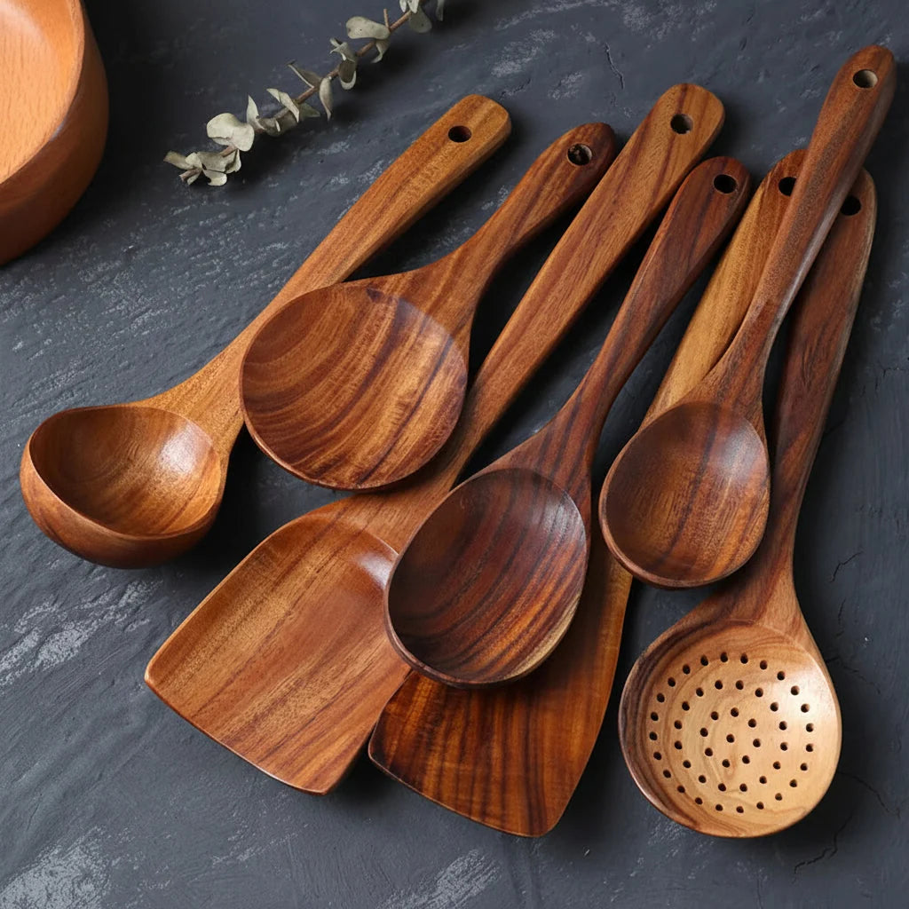Wooden Cooking Utensils Set | Natural Hardwood & Food-Grade Finish | 7-Piece