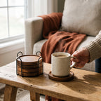 Wooden Drink Coasters | Absorbent & Non-Slip | Set of 4 With Metal Holder
