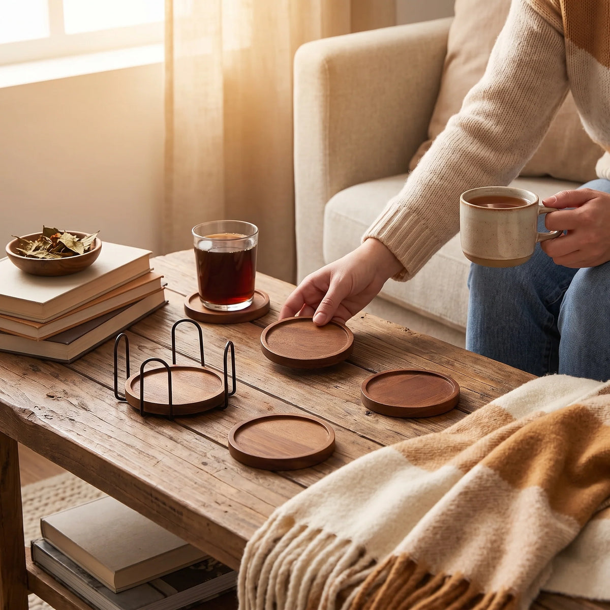 Wooden Drink Coasters | Absorbent & Non-Slip | Set of 4 With Metal Holder