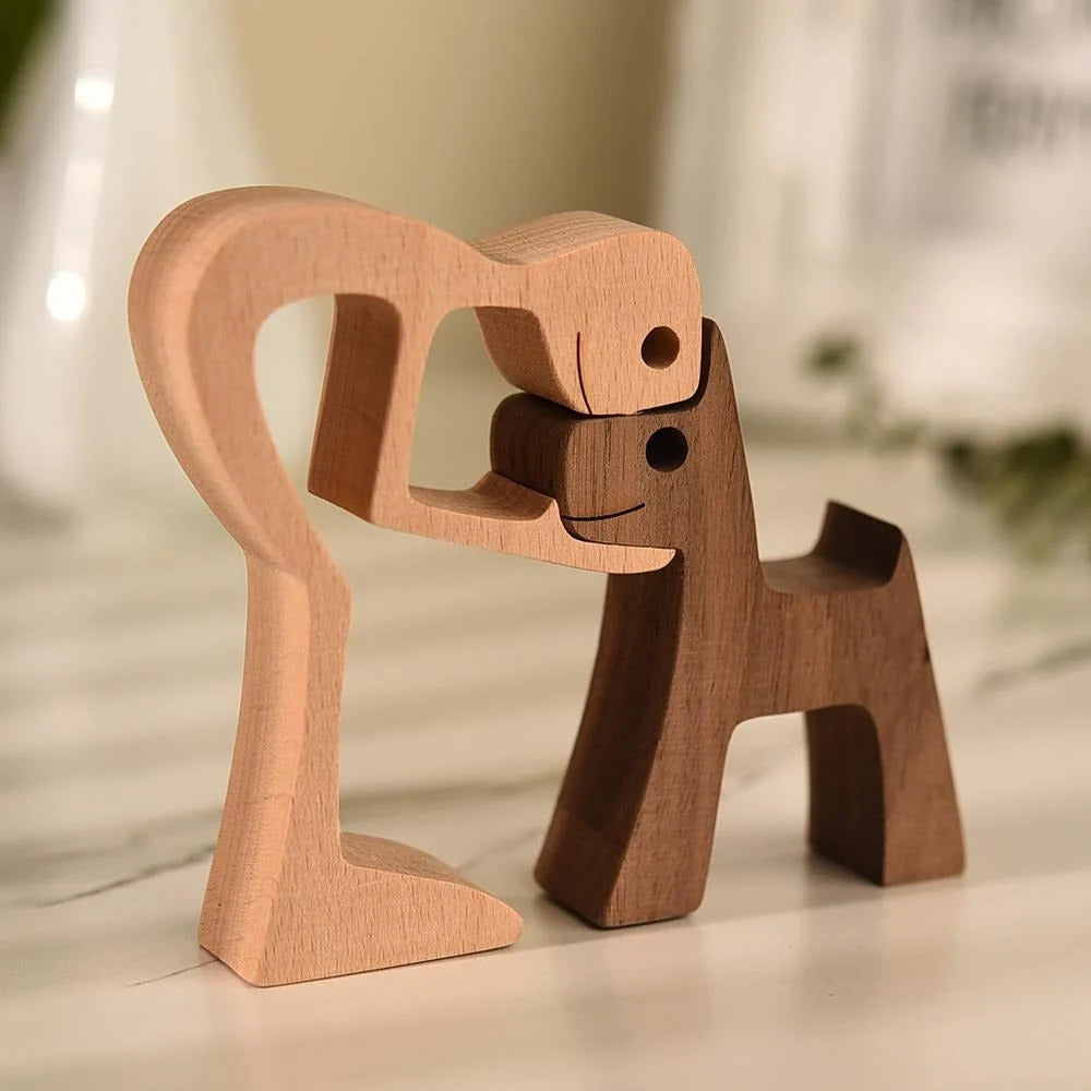 Wooden Sculpture | Hand-Carved Dog & Owner Motif | 14 × 10 × 4 cm