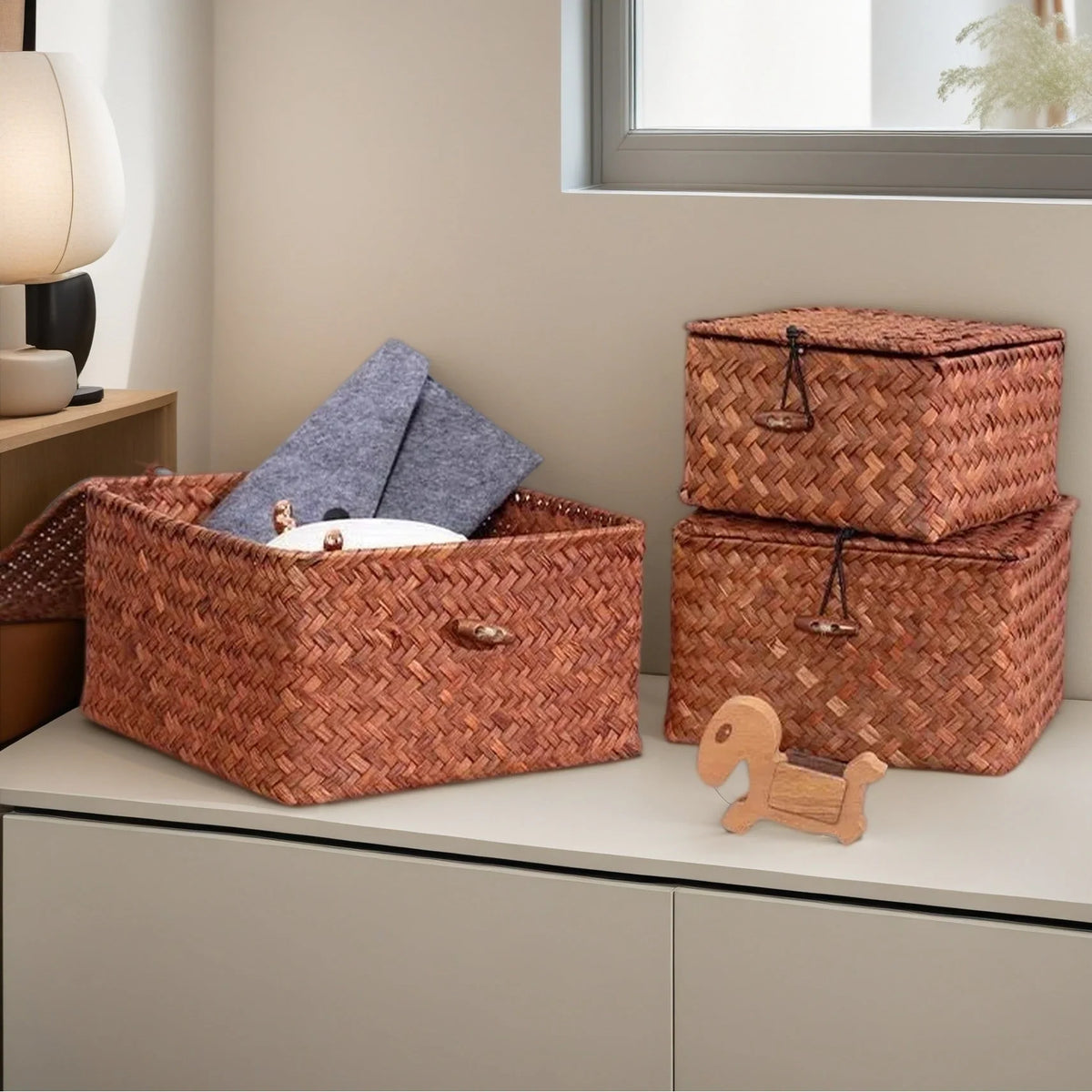 Woven Storage Basket | Natural Seagrass & Hinged Lid | Stackable