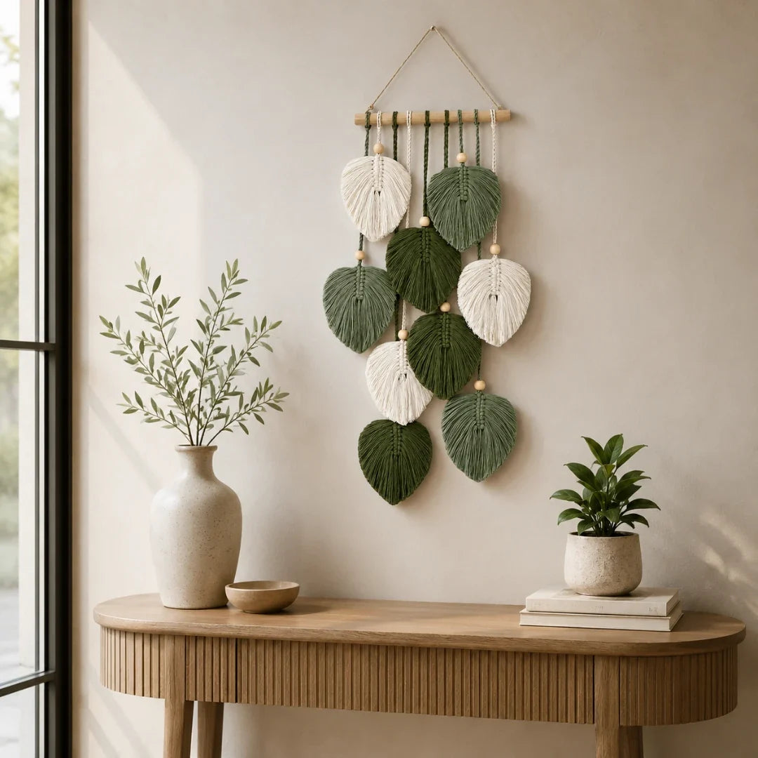Woven Wall Tapestry | Handwoven Cotton & Cascading Leaf | 9.8 x 21.6 in