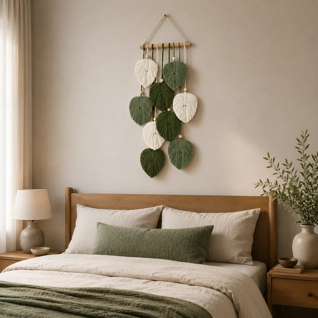 Woven Wall Tapestry | Handwoven Cotton & Cascading Leaf | 9.8 x 21.6 in
